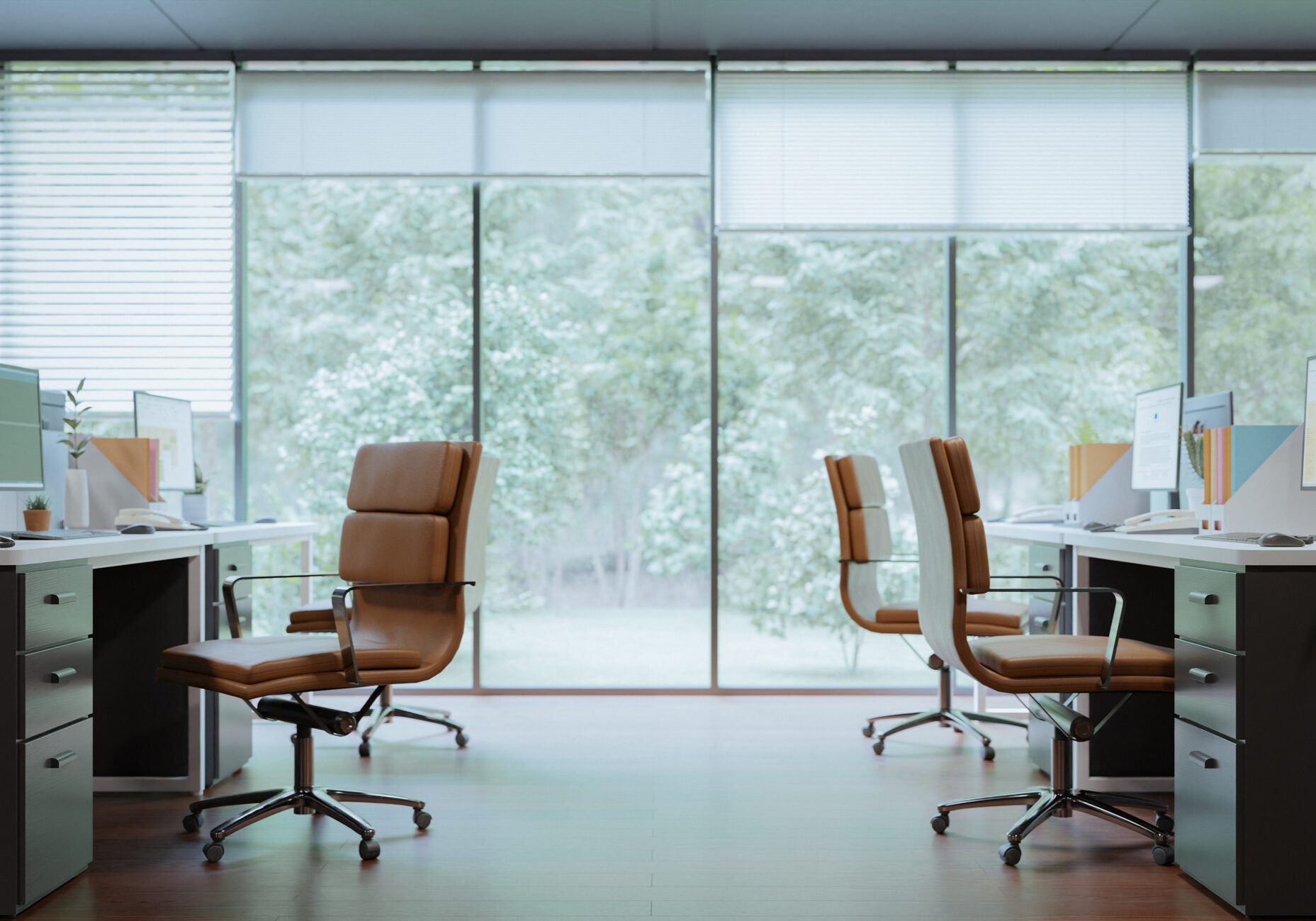 Modern office space with ergonomic chairs and large windows.